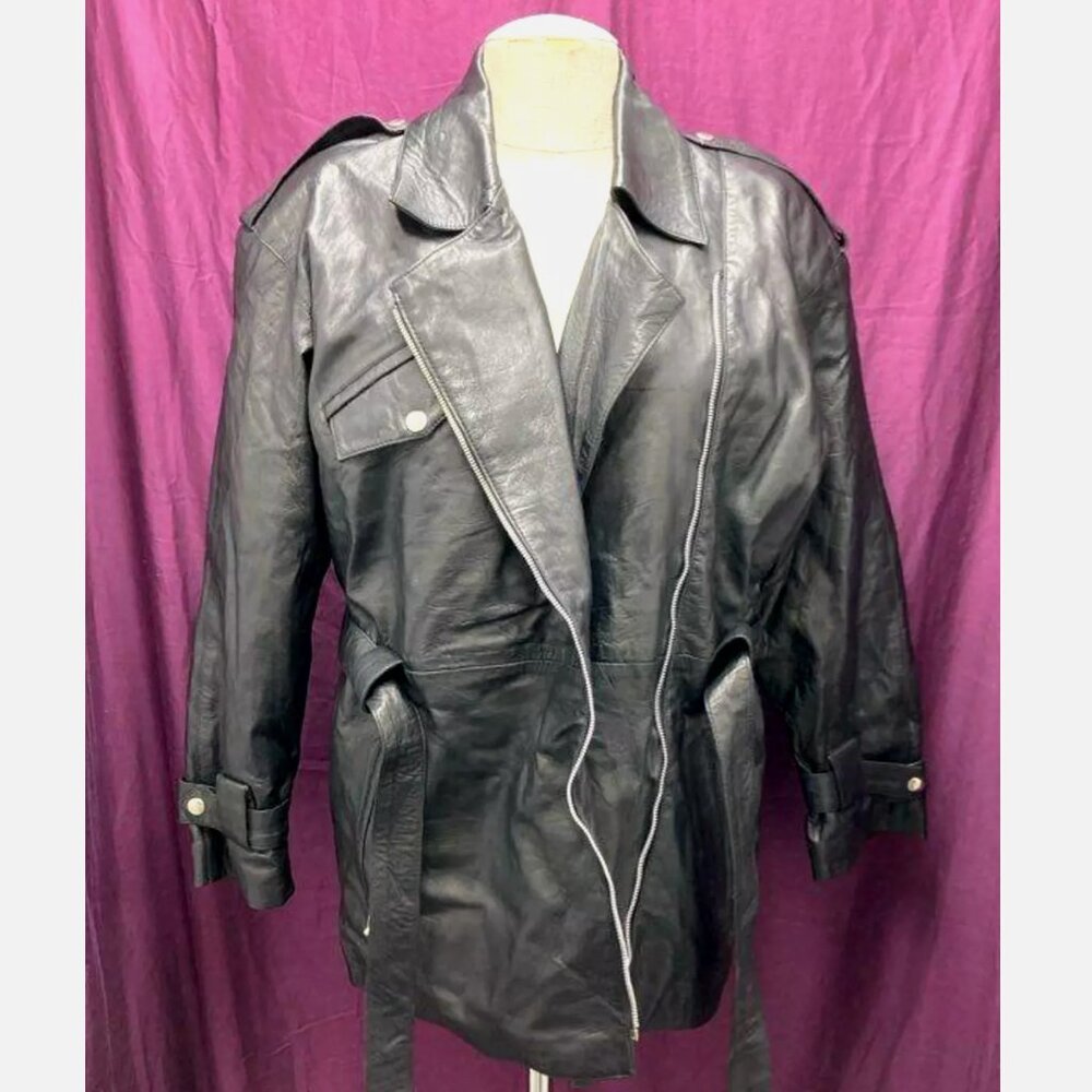 NEW Vtg $250 Black Leather Motorcycle Biker Jacket Trench Coat Belted Women's S